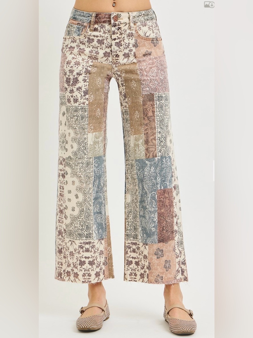 New nwt Risen Women's Patchwork Wide-Leg Pants Jeans Sz 1/25 earth bloc